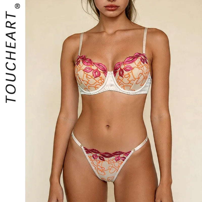 Toucheart Erotic Lingerie Valentine's Day Red Lips Stitched Love Embroidered Lingerie Satin See-through Bra