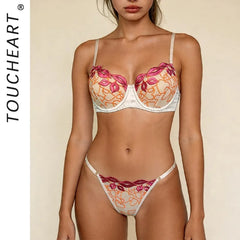 Toucheart Erotic Lingerie Valentine's Day Red Lips Stitched Love Embroidered Lingerie Satin See-through Bra
