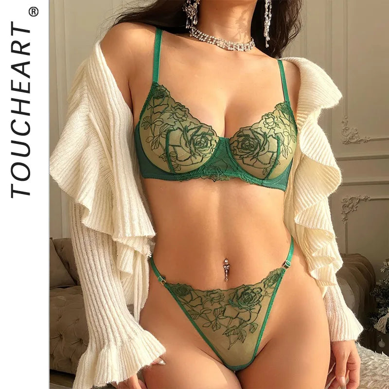 Toucheart Erotic Lingerie French Ultra-thin Floral Lace Embroidery Large Size Underwear Push-up Anti-sagging Bra Set