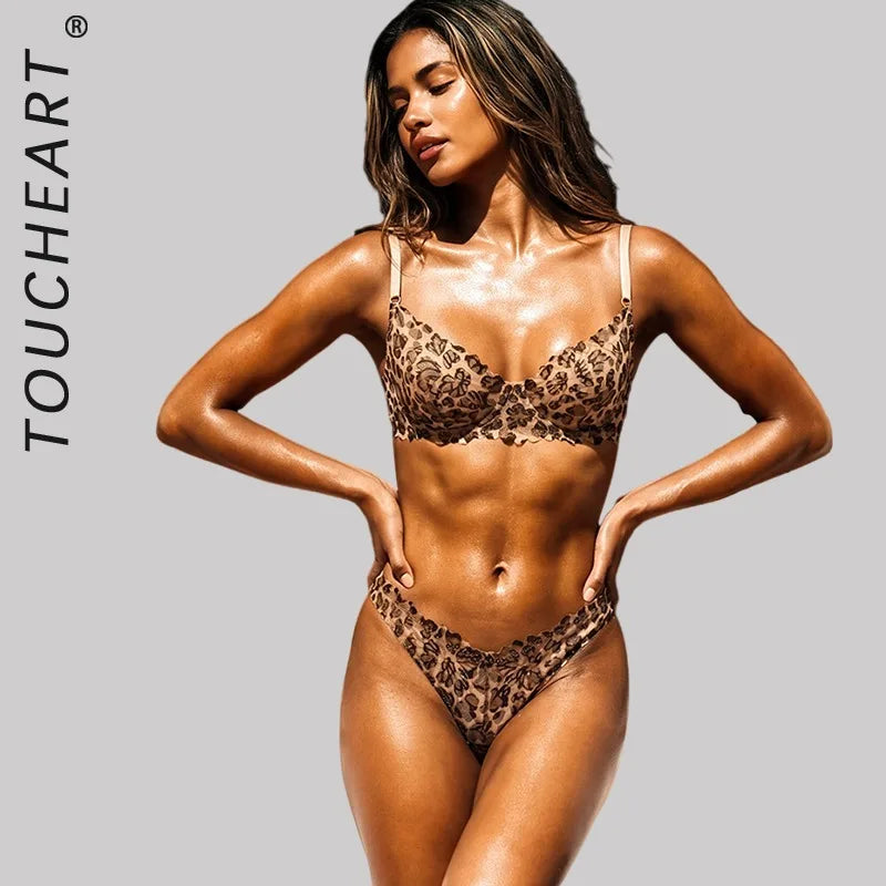 Toucheart Erotic Lingerie Lace Leopard Print Body Shaping Push-up Luxurious Intimate Bra Large Size Thin Set