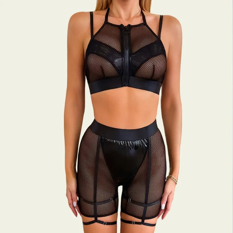 Toucheart Erotic Lingerie Mesh Three-point PU Leather Splicing Luxurious Halter Neck Intimate Uniform Suit