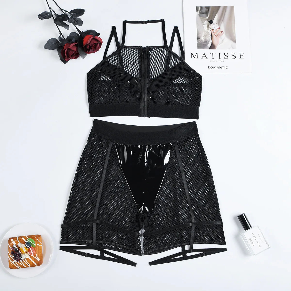 Toucheart Erotic Lingerie Mesh Three-point PU Leather Splicing Luxurious Halter Neck Intimate Uniform Suit
