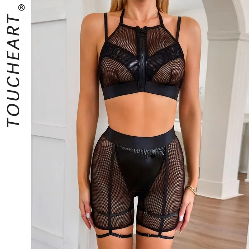 Toucheart Erotic Lingerie Mesh Three-point PU Leather Splicing Luxurious Halter Neck Intimate Uniform Suit