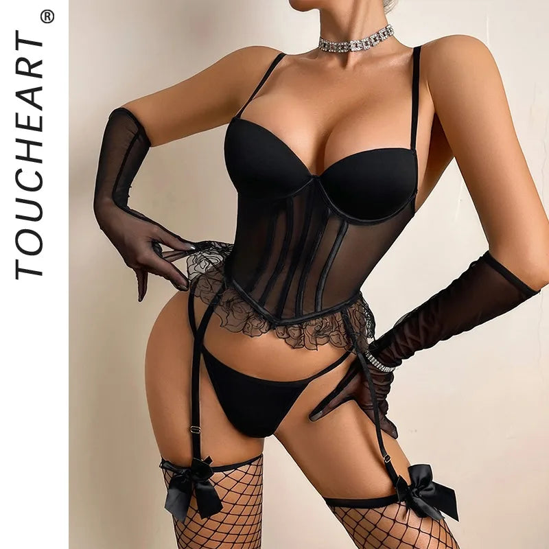 Toucheart Erotic Lingerie with Bow Knot Fishnet Stockings See-through Body Shaping Underwear