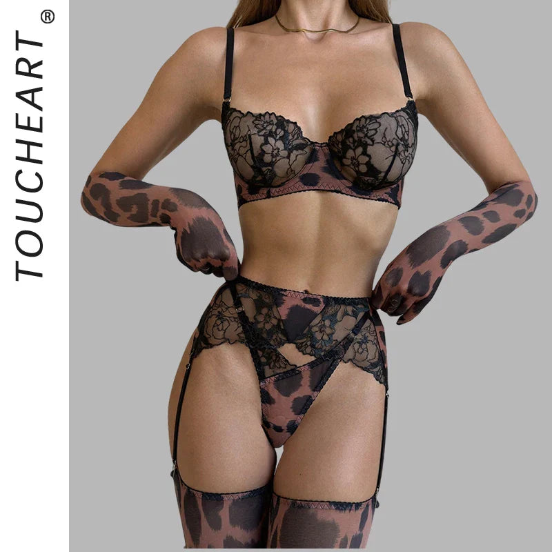 Toucheart Erotic Lingerie with Gloves 5PCS Embroidery Lace Leopard Print Bodyshaping Elegant Erotic Set