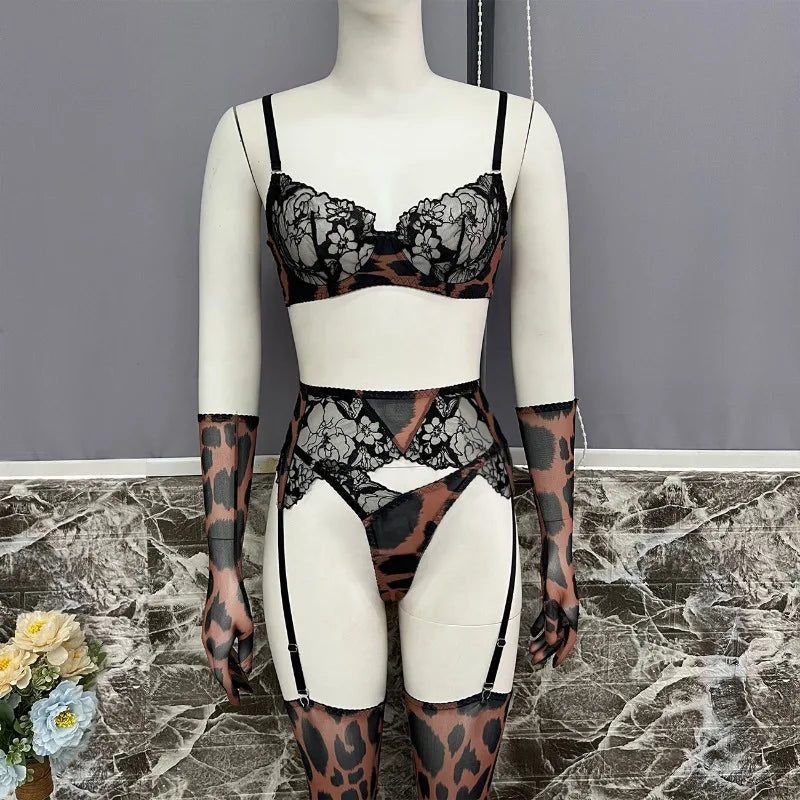 Toucheart Erotic Lingerie with Gloves 5PCS Embroidery Lace Leopard Print Bodyshaping Elegant Erotic Set