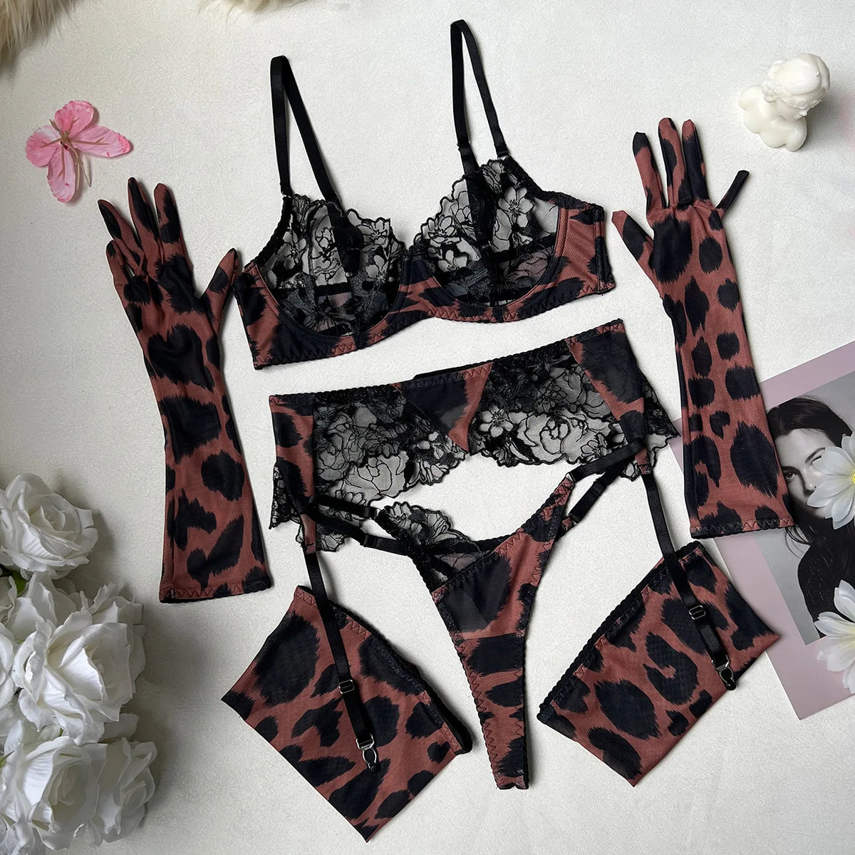 Toucheart Erotic Lingerie with Gloves 5PCS Embroidery Lace Leopard Print Bodyshaping Elegant Erotic Set