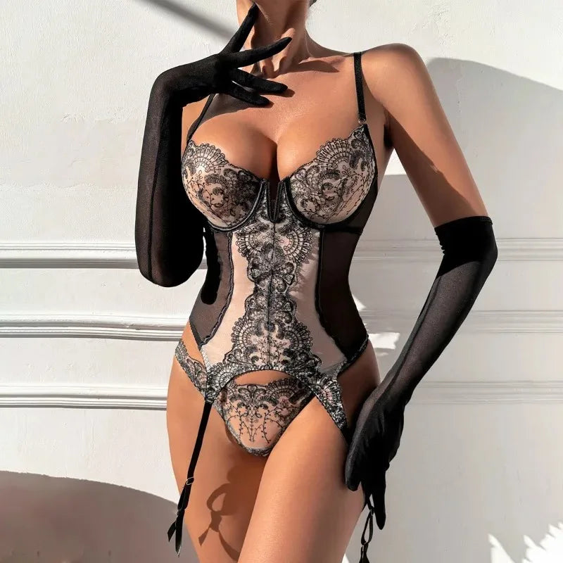 Toucheart Erotic Lingerie with Gloves Mesh See-through Body Shaping Steelring Underwear Split Kit