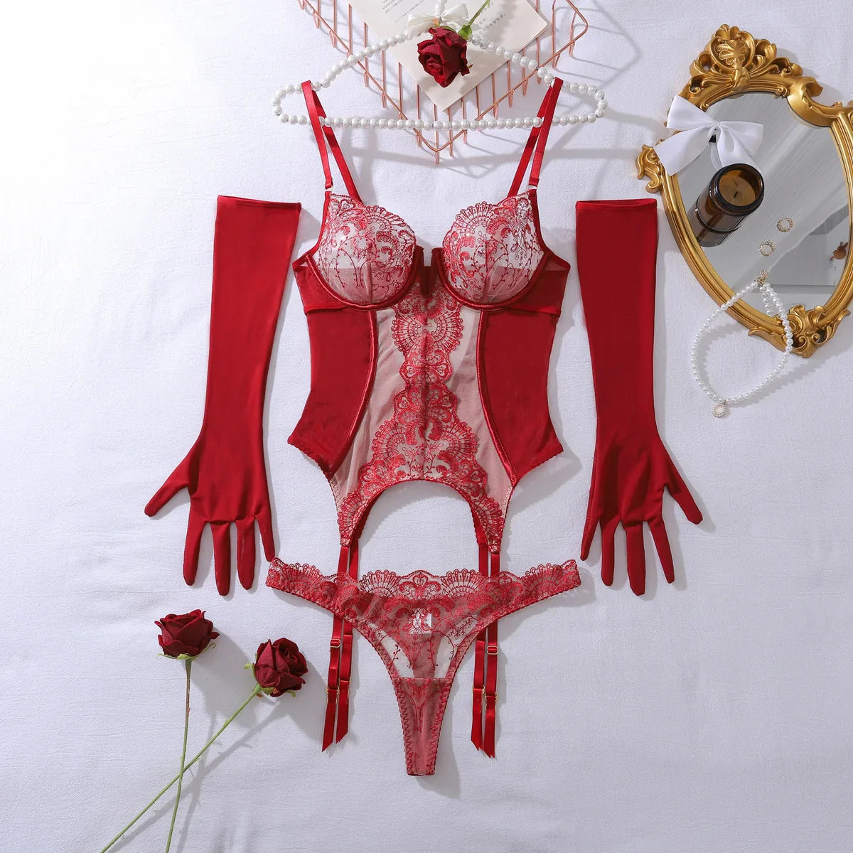 Toucheart Erotic Lingerie with Gloves Mesh See-through Body Shaping Steelring Underwear Split Kit