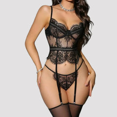 Toucheart Erotic Lingerie with Stockings Lace Floral See-through Body Shaping Backless Pure Desire Elegant Straps Set