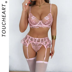 Toucheart Erotic Lingerie with Stockings Pink Floral Embroidery Body Shaping Mesh Pure Desire Bow Knot Bra Set