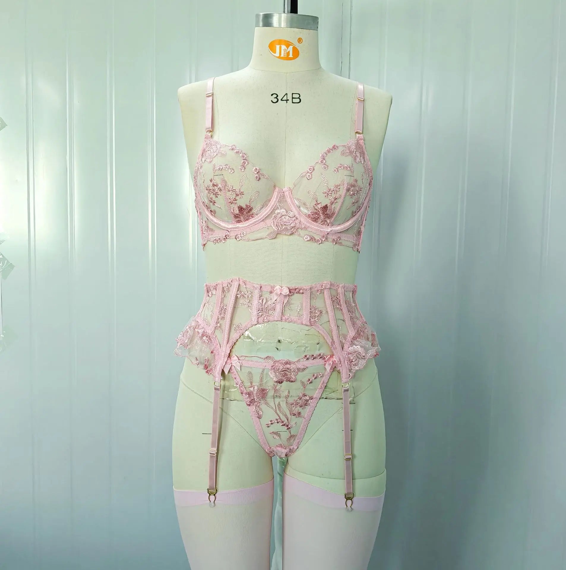 Toucheart Erotic Lingerie with Stockings Pink Floral Embroidery Body Shaping Mesh Pure Desire Bow Knot Bra Set