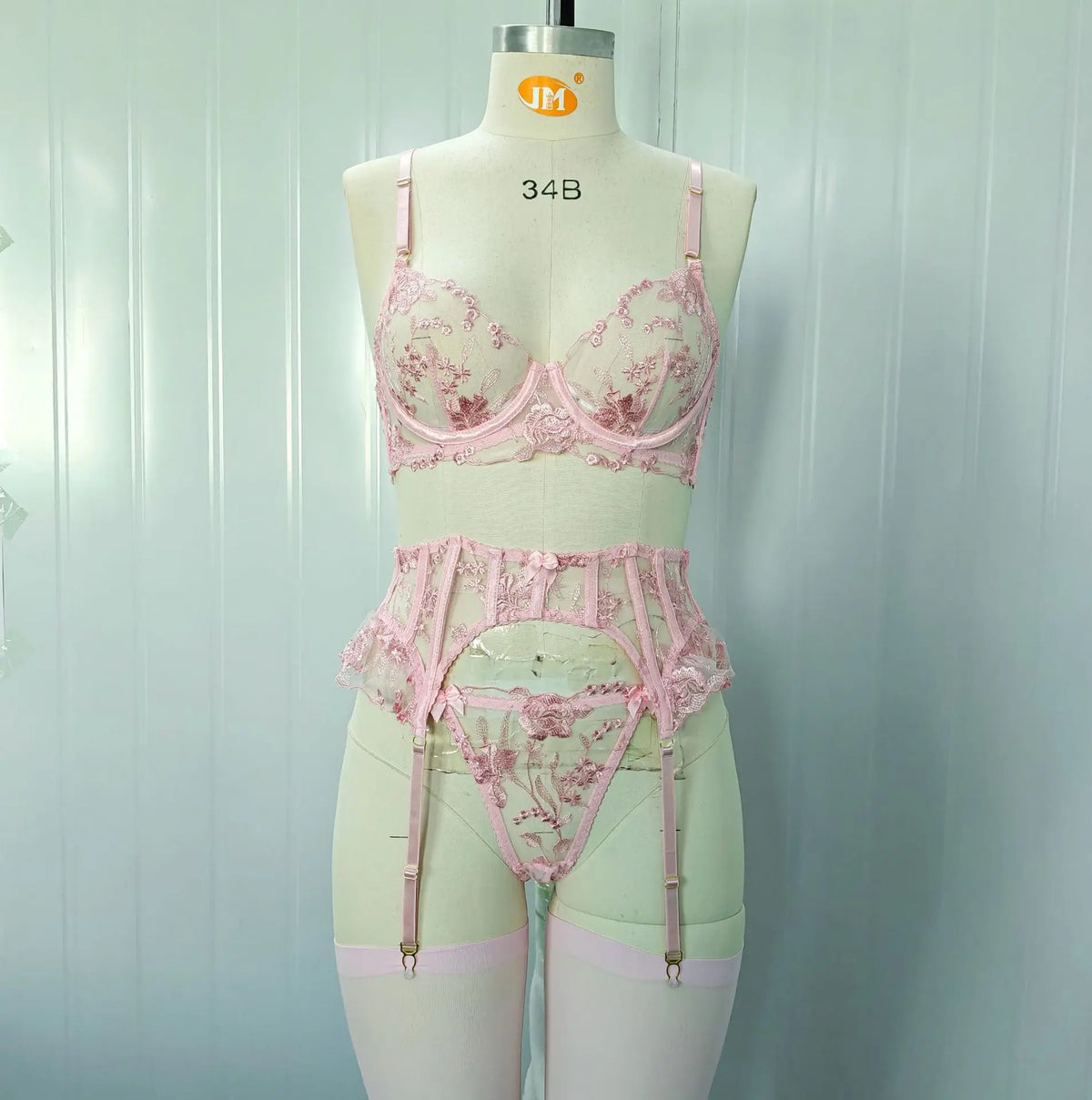 Toucheart Erotic Lingerie with Stockings Pink Floral Embroidery Body Shaping Mesh Pure Desire Bow Knot Bra Set