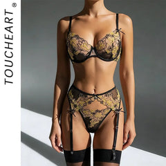 Toucheart Erotic LingerieButterfly Embroidered Mesh See-through Contrastingerotic Lingerie Four-piece Setwith Stockings
