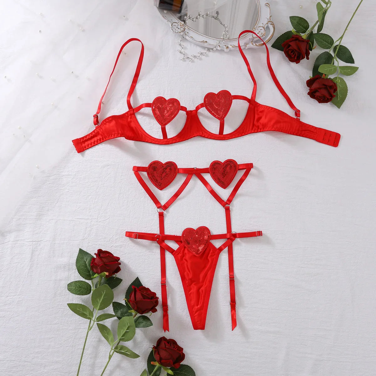 Toucheart Erotic Love Lingerie Panty Garters 3PCS Backless Delicate Intimate Underwear Set