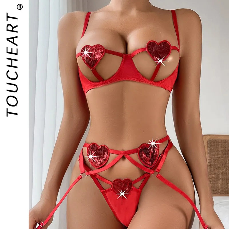 Toucheart Erotic Love Lingerie Panty Garters 3PCS Backless Delicate Intimate Underwear Set