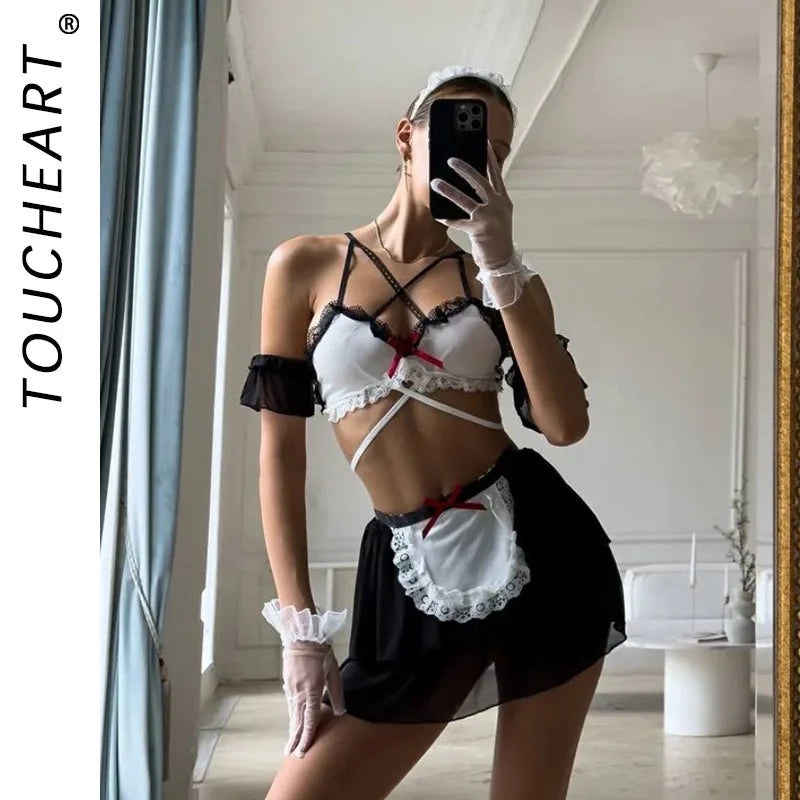 Toucheart Erotic Maid Game Role Playing Girls Uniform Body Shaping Pure Desire Romantic  See-through Lolita Set