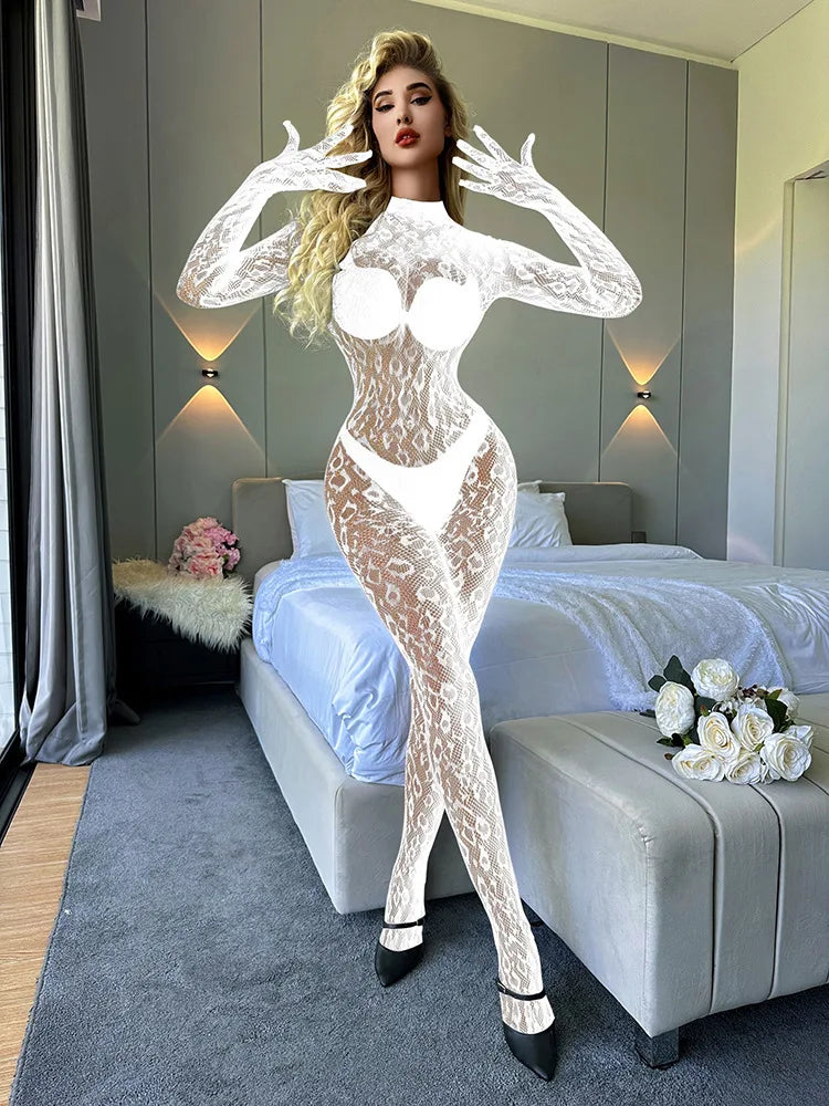 Toucheart Erotic Mesh Bodysuit Leopard Print Uniform Body Shaping See-through Flirt Bodysuit