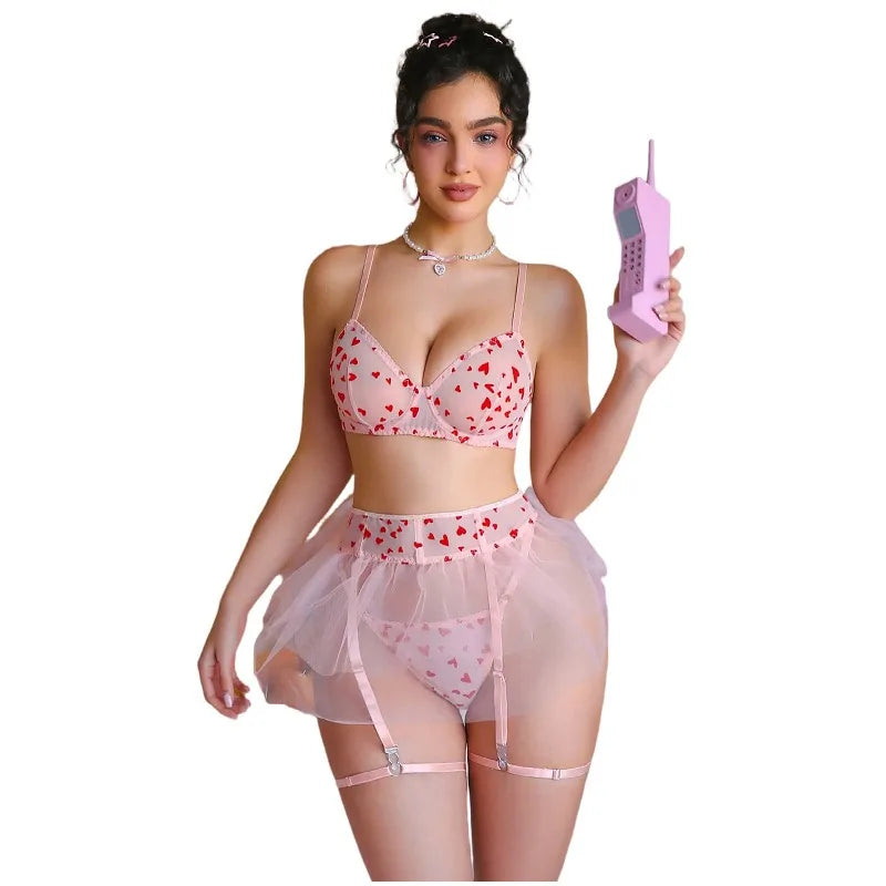 Toucheart Erotic Mesh Lingerie with Puffy Skirt Love Printing Girl Elegant GatherRomantic Intimate Underwear Set