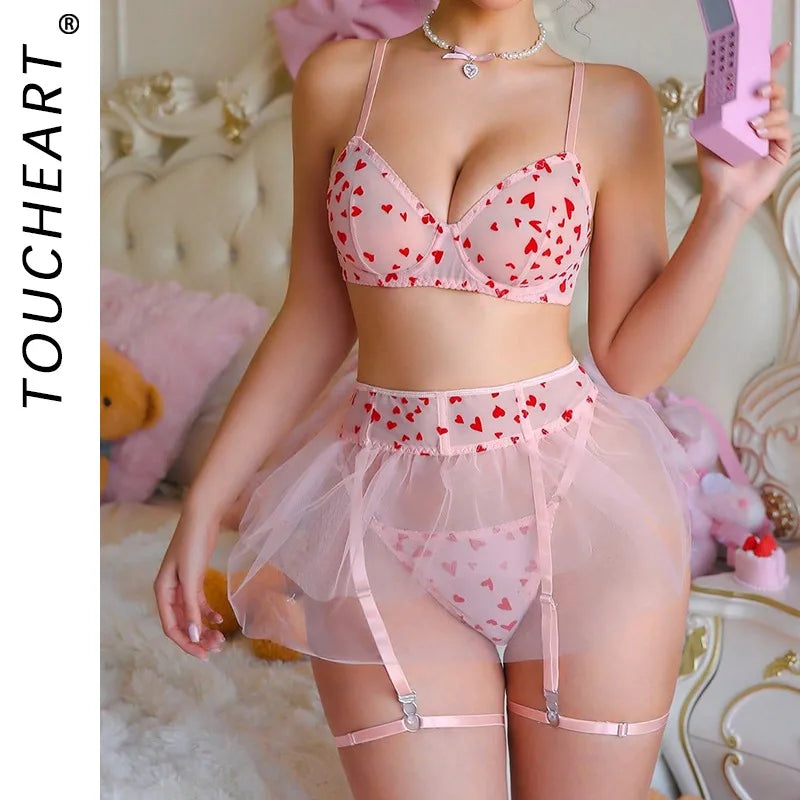 Toucheart Erotic Mesh Lingerie with Puffy Skirt Love Printing Girl Elegant GatherRomantic Intimate Underwear Set