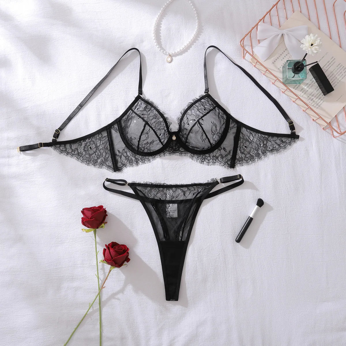 Toucheart Erotic French See-through Eyelashes Lace Underwire Bodyshaping Thin Intimate Underwear Split Set