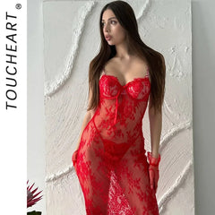 Toucheart Erotic Nightgown Erotic Lingerie Female See-through Lace Flower Suspender Nightgown Long Butt-covering Skirt
