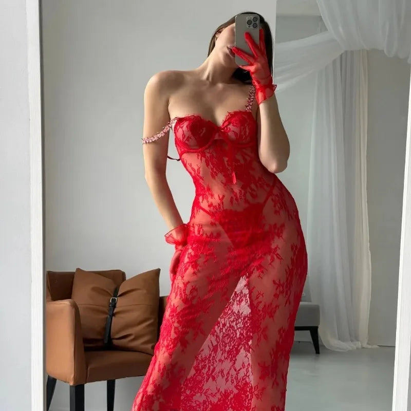 Toucheart Erotic Nightgown Erotic Lingerie Female See-through Lace Flower Suspender Nightgown Long Butt-covering Skirt