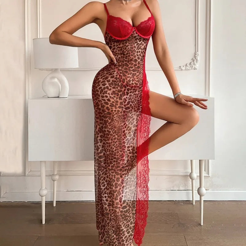 Toucheart Erotic Nightgown Leopard Print Stitching See-through Lace Luxurious High Slit Suspender Nightgown Thong Suit