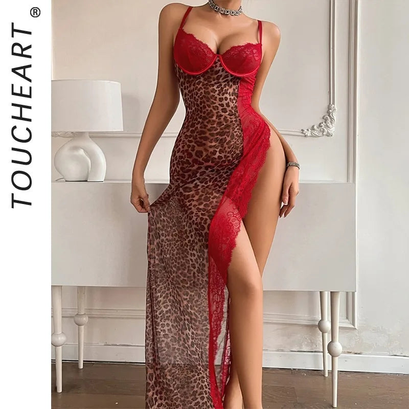 Toucheart Erotic Nightgown Leopard Print Stitching See-through Lace Luxurious High Slit Suspender Nightgown Thong Suit