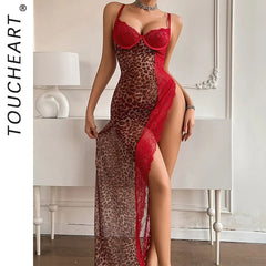 Toucheart Erotic Nightgown Leopard Print Stitching See-through Lace Luxurious High Slit Suspender Nightgown Thong Suit