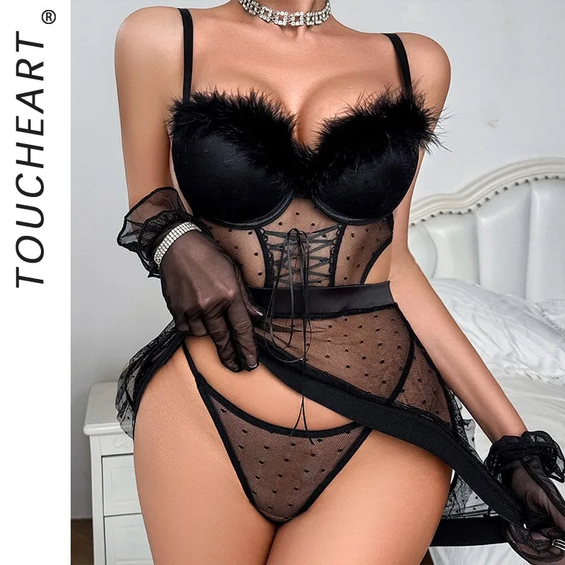 Toucheart Erotic Nightgown See-through Polka Dot Lacetie Feather Bodyshaping Sling Hip-covering Nightgown With mold Cup