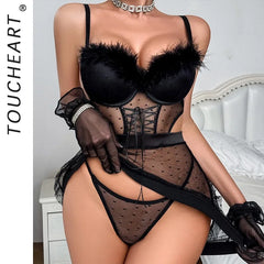 Toucheart Erotic Nightgown See-through Polka Dot Lacetie Feather Bodyshaping Sling Hip-covering Nightgown With mold Cup