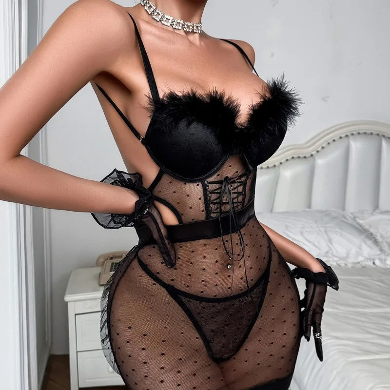 Toucheart Erotic Nightgown See-through Polka Dot Lacetie Feather Bodyshaping Sling Hip-covering Nightgown With mold Cup
