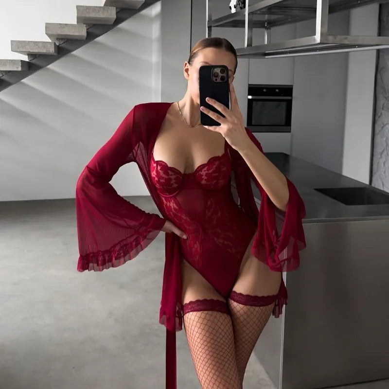 Toucheart Erotic Pajamas Bodysuit Lace See-through Girl Slim Solid Color Elegant Pajamas Set