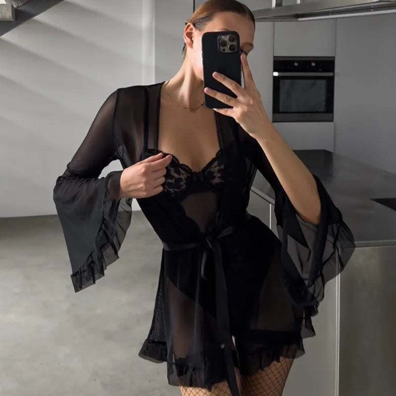 Toucheart Erotic Pajamas Bodysuit Lace See-through Girl Slim Solid Color Elegant Pajamas Set