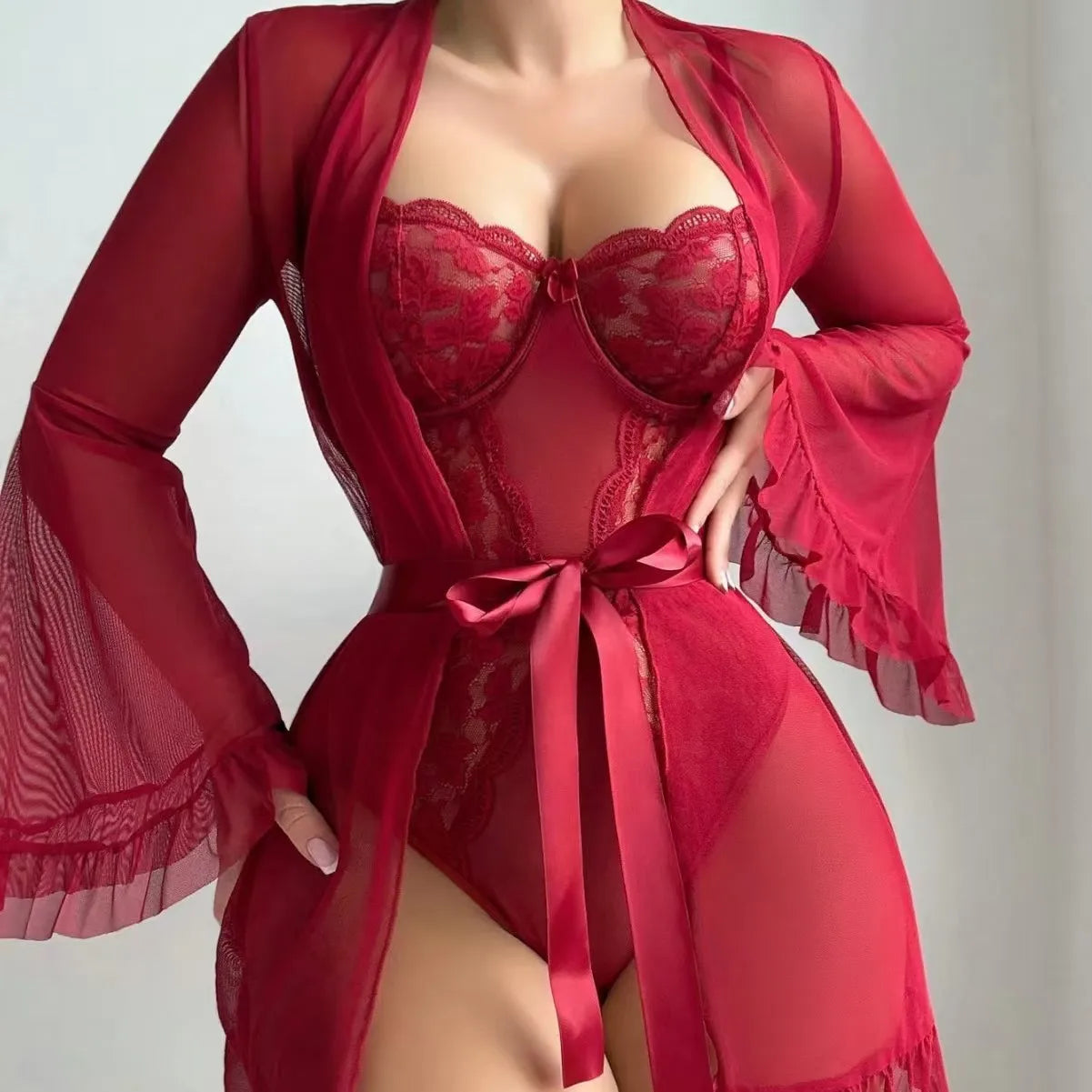 Toucheart Erotic Pajamas Bodysuit Lace See-through Girl Slim Solid Color Elegant Pajamas Set