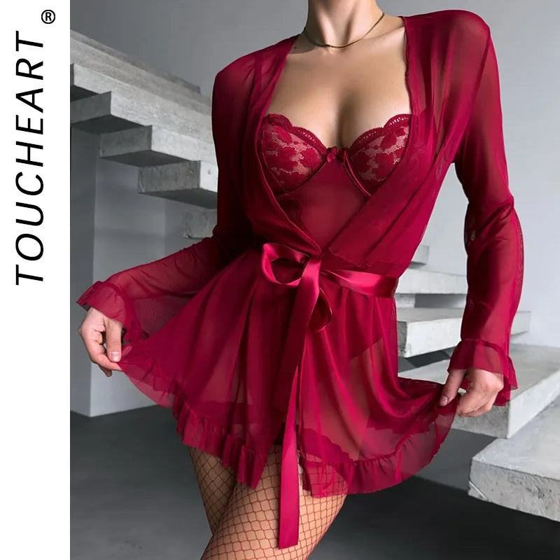 Toucheart Erotic Pajamas Bodysuit Lace See-through Girl Slim Solid Color Elegant Pajamas Set