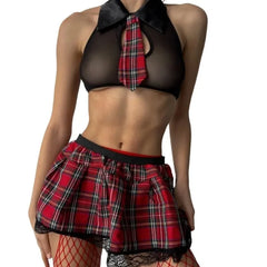 Toucheart Erotic Pajamas Mesh Plaid Uniform Bodyshaping Plunge Romantic Charming Intimate Underwear Set
