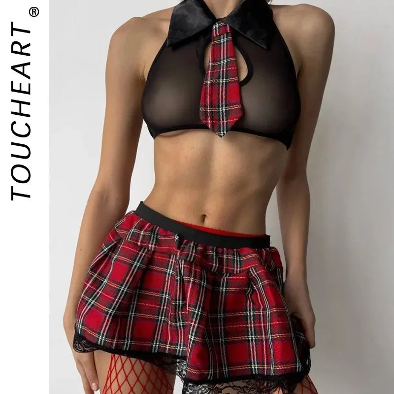 Toucheart Erotic Pajamas Mesh Plaid Uniform Bodyshaping Plunge Romantic Charming Intimate Underwear Set