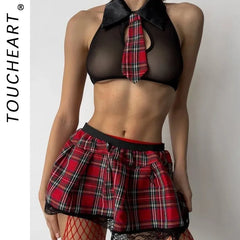 Toucheart Erotic Pajamas Mesh Plaid Uniform Bodyshaping Plunge Romantic Charming Intimate Underwear Set