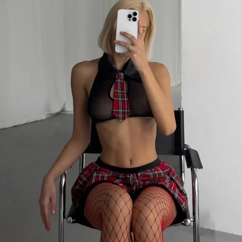 Toucheart Erotic Pajamas Mesh Plaid Uniform Bodyshaping Plunge Romantic Charming Intimate Underwear Set