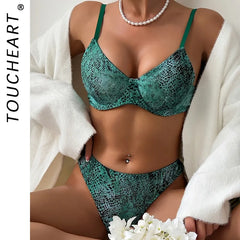 Toucheart Erotic Lingerie Panty Green Snake Pattern with Steel Ring Slim Exposed Navel Coquette Underwear
