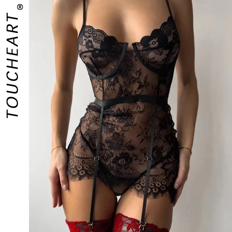 Toucheart Erotic Sleeping Skirt Lace Embroidery Floral See-through Body Shaping Puredesire Romantic Pajamas Set