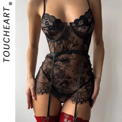 Toucheart Erotic Sleeping Skirt Lace Embroidery Floral See-through Body Shaping Puredesire Romantic Pajamas Set