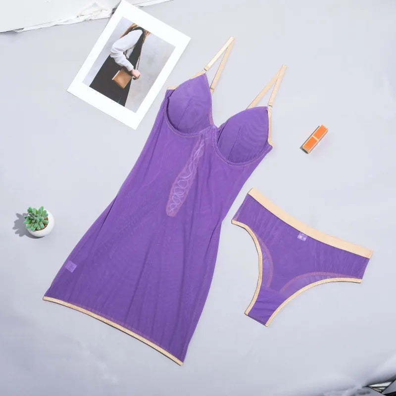 Toucheart Erotic Sleeping Skirt Mesh See-through Pure Lust Deep V Suspender Slim Hip-covering Underwire Push-up Underwear