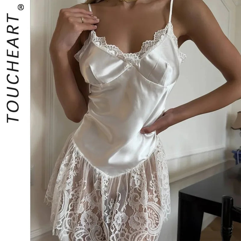 Toucheart Erotic Sleeping Skirt Pure Lust Style Suspender Pajamas Nightgown Spring Lace White Modified Suspender Nightgown
