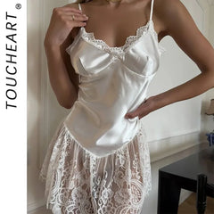 Toucheart Erotic Sleeping Skirt Pure Lust Style Suspender Pajamas Nightgown Spring Lace White Modified Suspender Nightgown