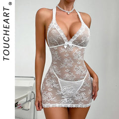 Toucheart Erotic Sleeping Skirt with Thong Halter Pearl See-through Elegant Pure Desire Pajamas Set