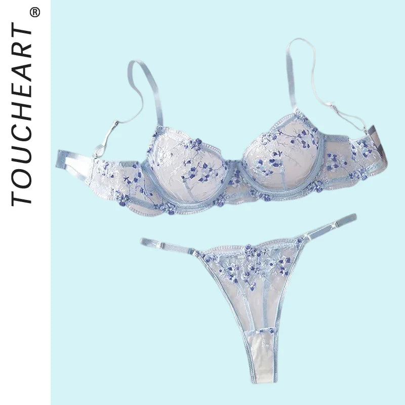 Toucheart Erotic Sling Lingerie Panty2PCS Embroidery Floral See-through Body Shaping Delicate Braset