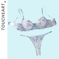 Toucheart Erotic Sling Lingerie Panty2PCS Embroidery Floral See-through Body Shaping Delicate Braset